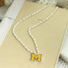 Michigan Enamel Logo & White Iridescent Bead Necklace