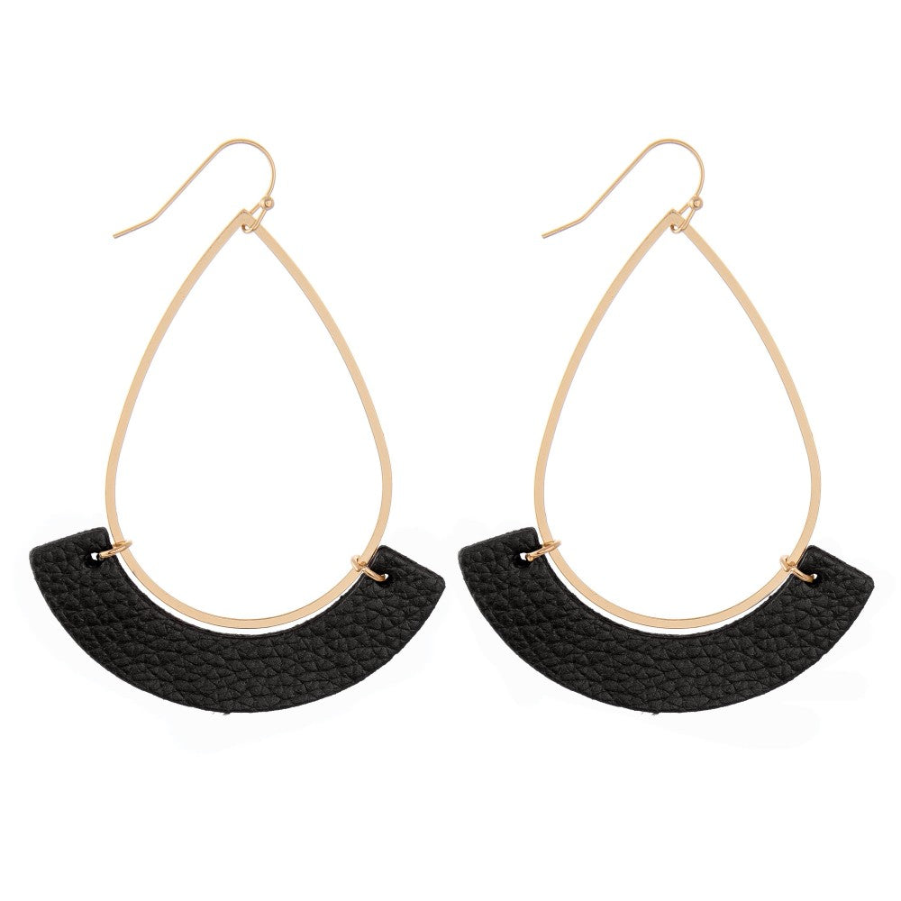 Black Faux Leather Teardrop Earrings - Fan Sparkle