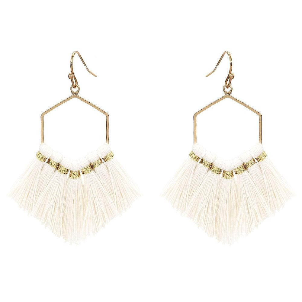 White Hexagon Fringe Tassel Earrings - Fan Sparkle